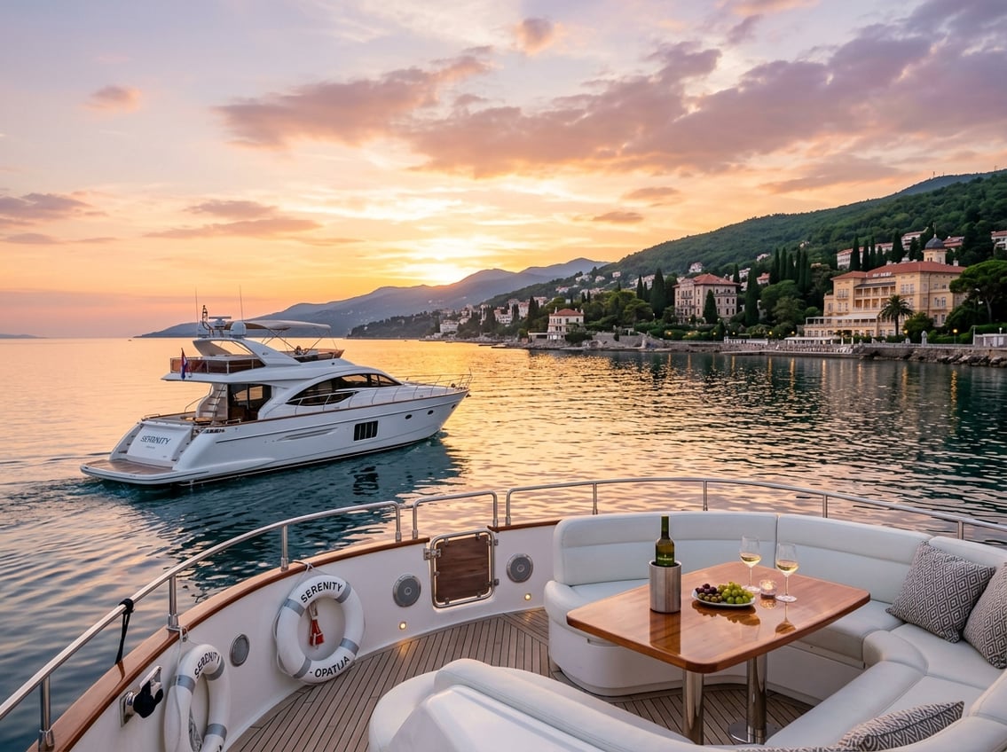 A yacht sailing on calm sea waters at sunset with a coastal hillside and villas in the background.