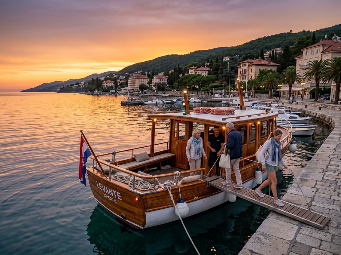 A wooden boat docked at a marina on the Opatija Riviera during sunset with passengers boarding and a scenic coastline in the background.