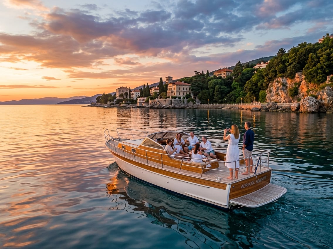 Boat cruising on calm water near a coastal area during sunset with hills and houses in the background.