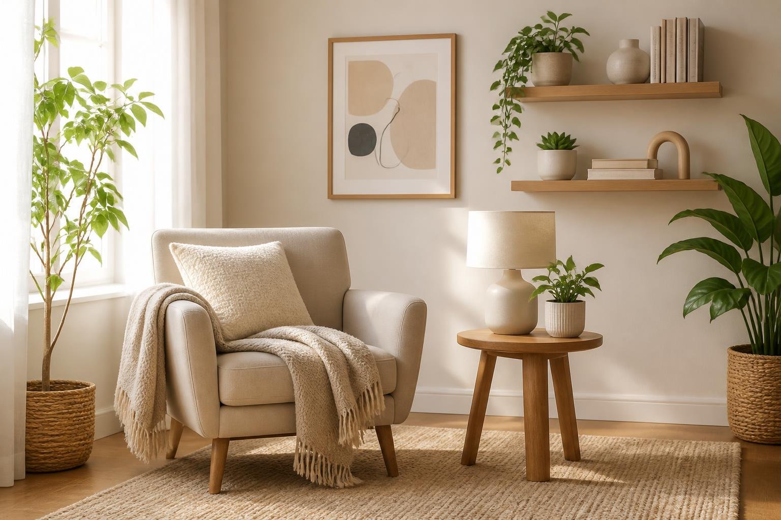 A cozy corner of a living room with an armchair, side table, lamp, plants, and natural light from a window.