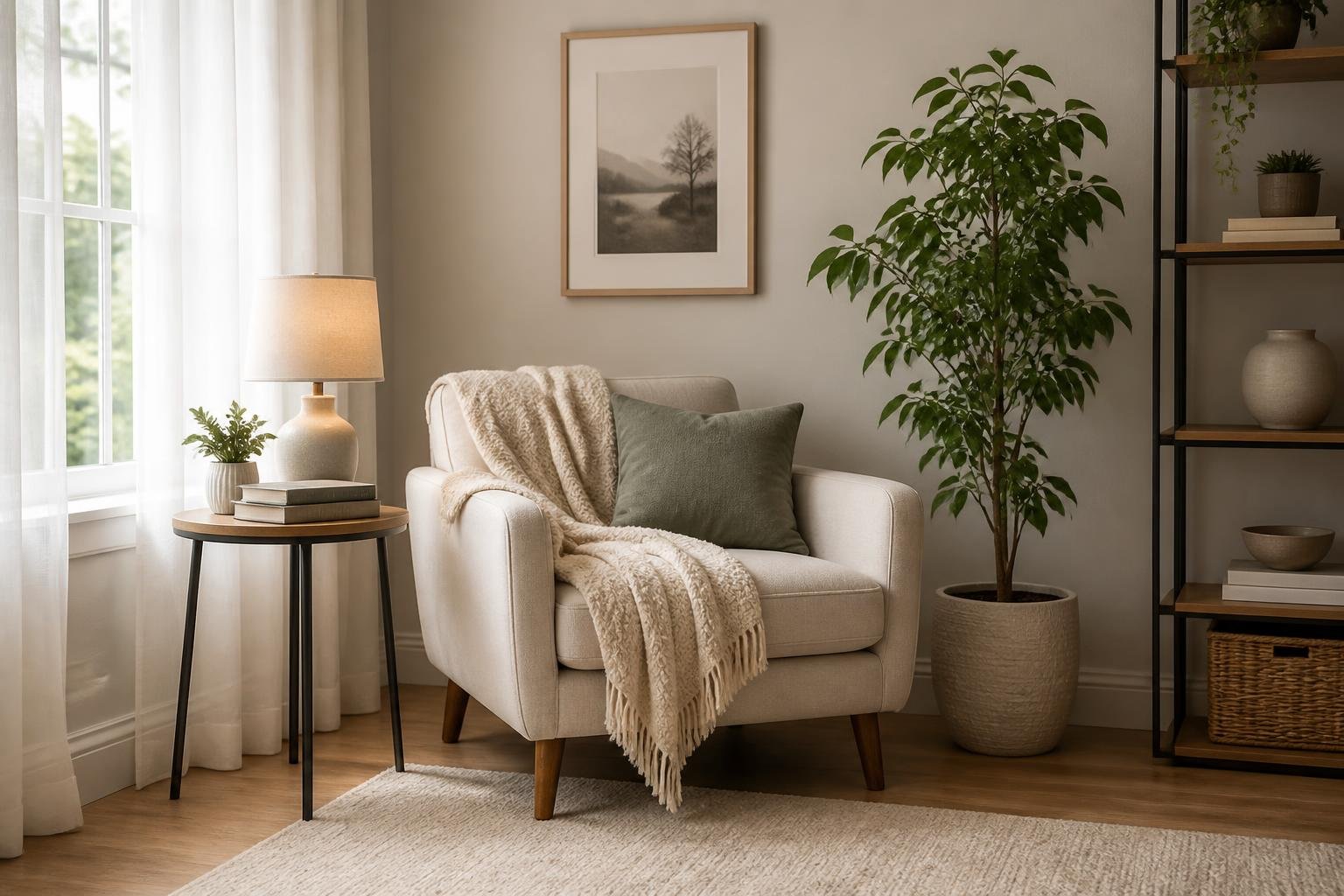 A cozy and well-organized living room corner with an armchair, side table, lamp, books, and a potted plant near a window.