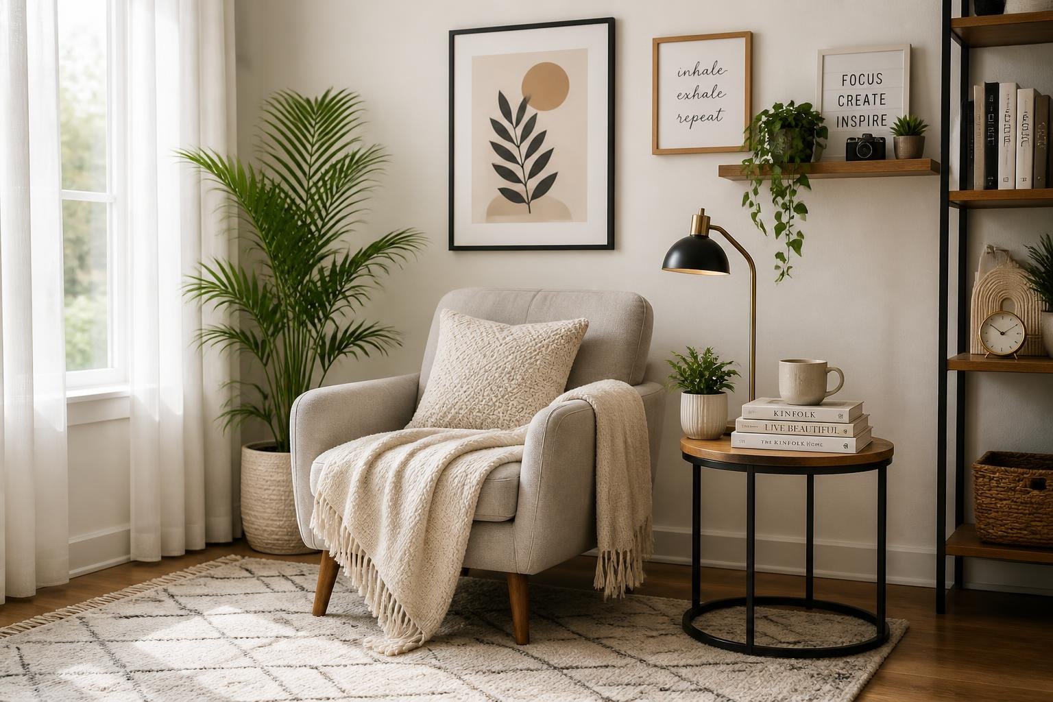 A cozy corner of a living room with an armchair, side table with a lamp and books, a plant, and natural light from a window.