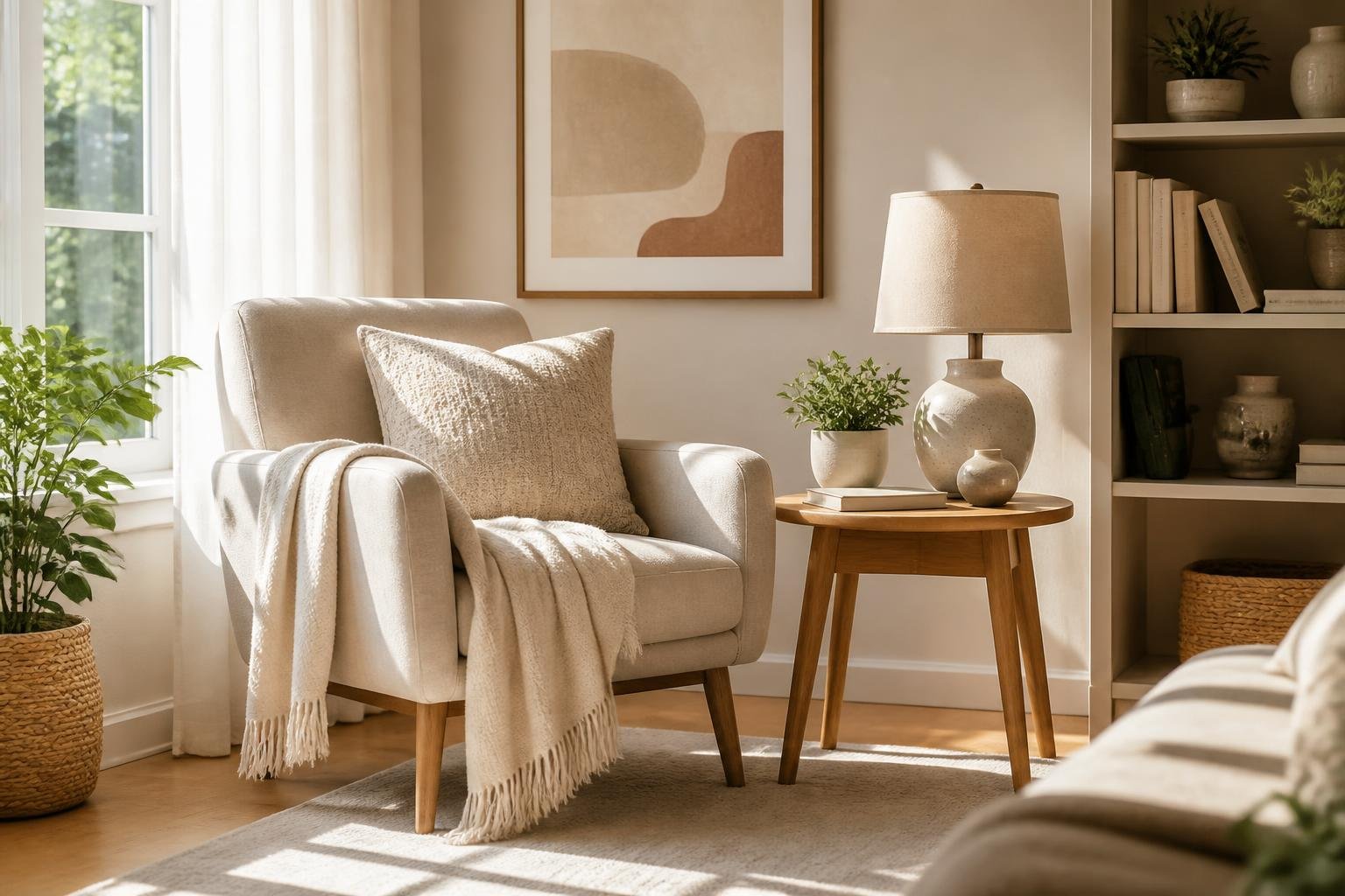 A cozy living room corner with an armchair, side table, lamp, plants, and natural light from a window.