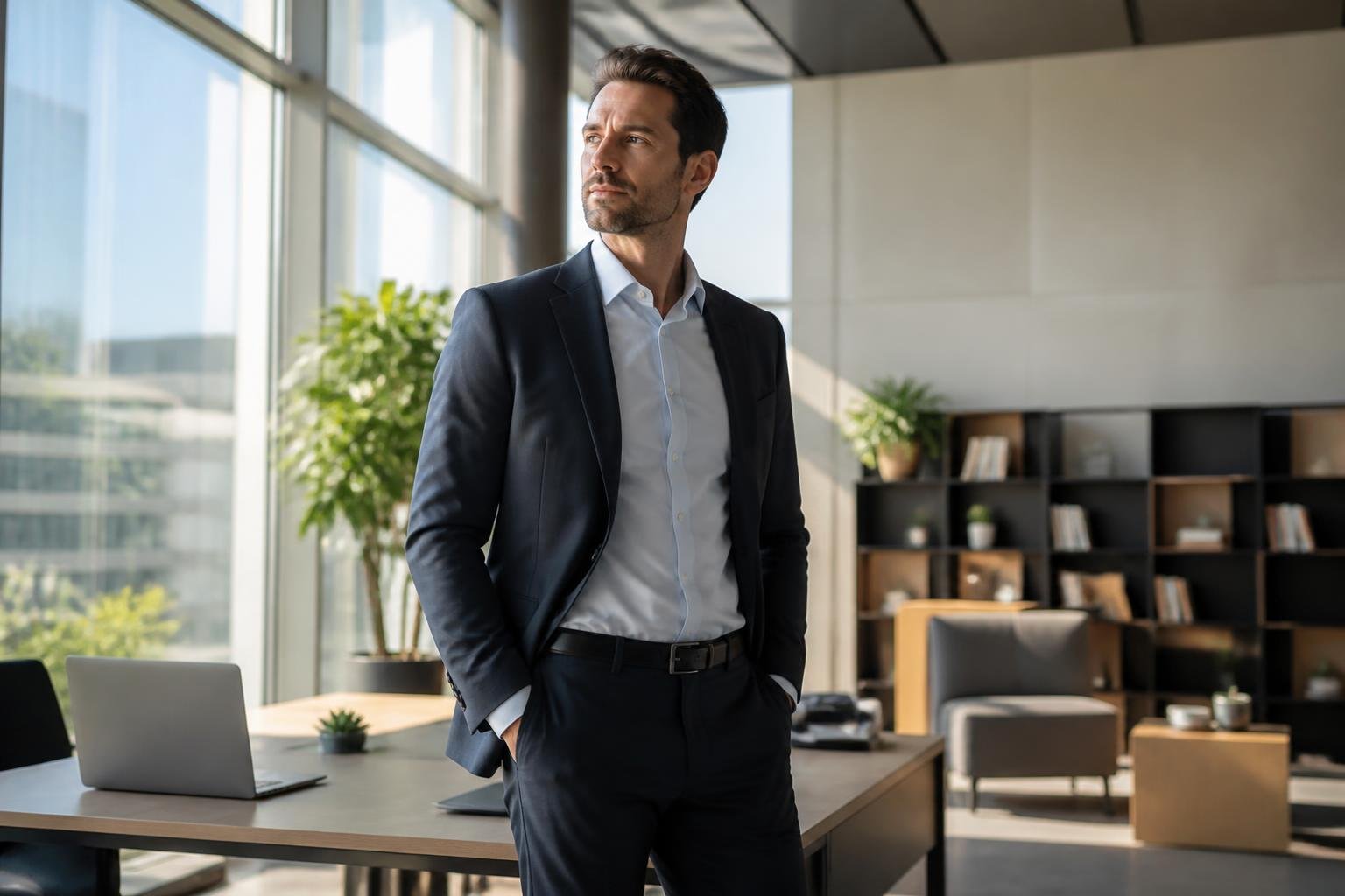 A person standing confidently in a bright, modern office space with large windows and plants, looking thoughtful.