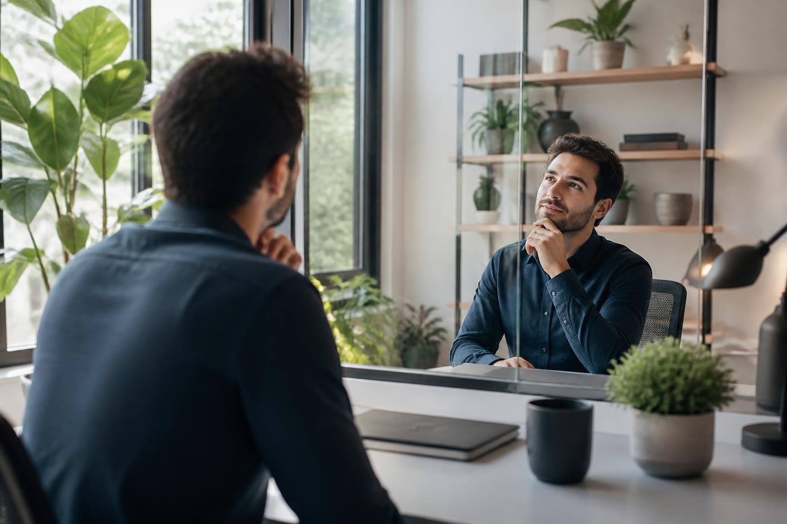 A person sitting thoughtfully at a desk in a bright, modern office with plants and a mirror reflecting their image.