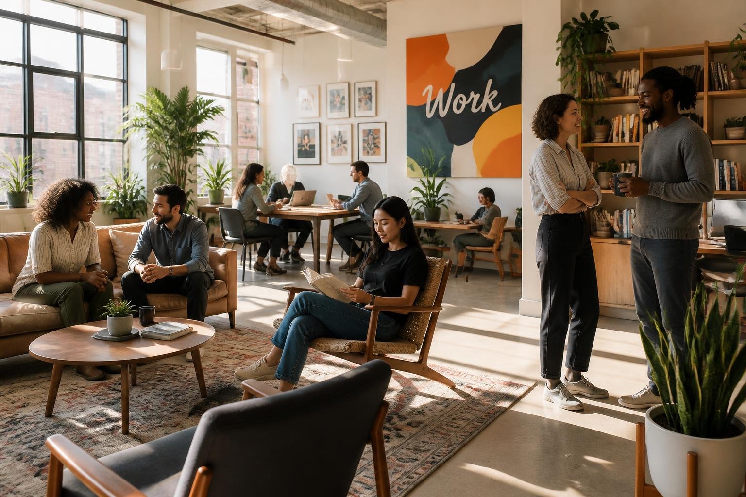 A group of diverse people in a bright, open room with natural light, plants, and comfortable seating, interacting and reflecting in a welcoming environment.