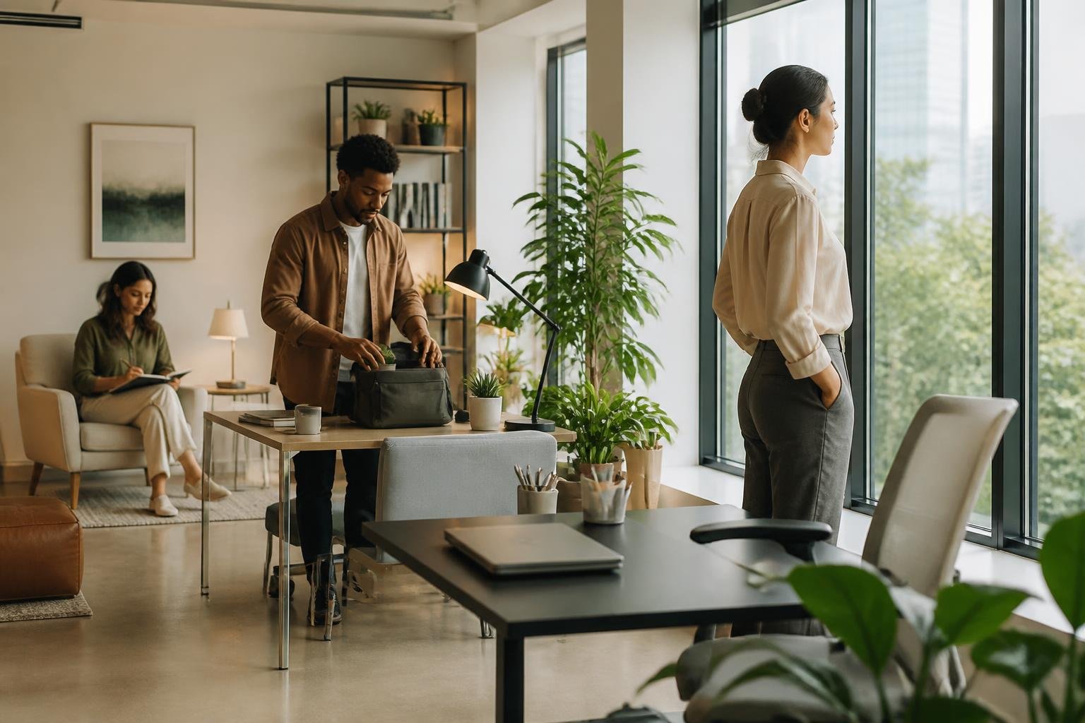 A modern office space with people reflecting and arranging their surroundings, showing a calm and thoughtful atmosphere.