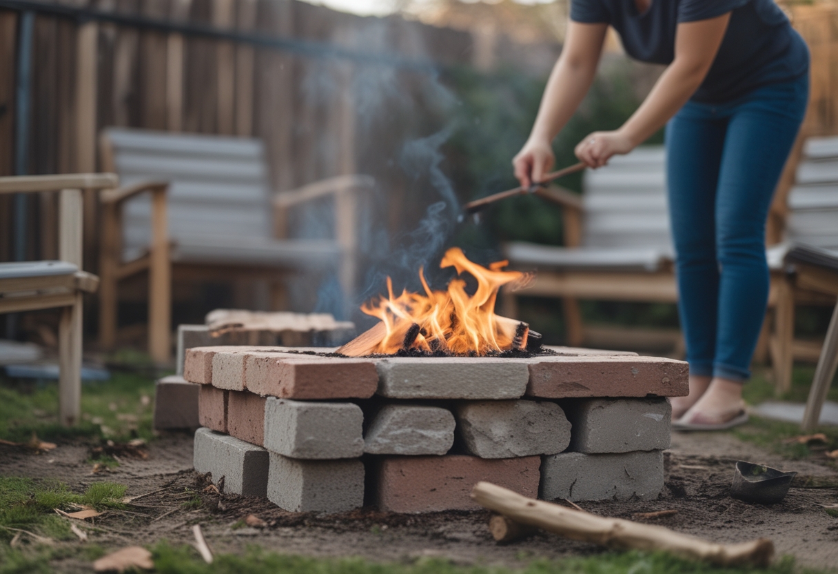 A backyard scene with a simple DIY fire pit made of stones and bricks, surrounded by casual seating and tools, with natural daylight and soft shadows.