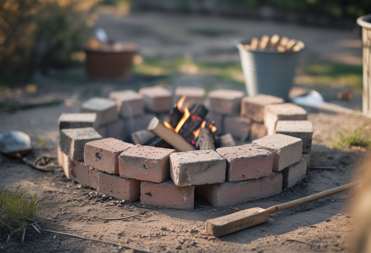 A simple backyard fire pit made of recycled bricks surrounded by gardening tools and wood kindling on grass in soft daylight.