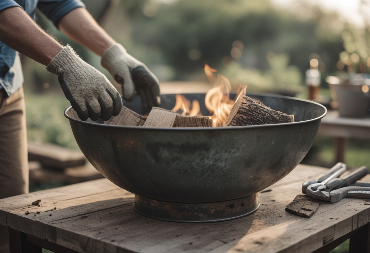 A reclaimed steel bowl fire pit in a backyard with hands adjusting firewood and tools on a wooden table nearby, surrounded by green plants.