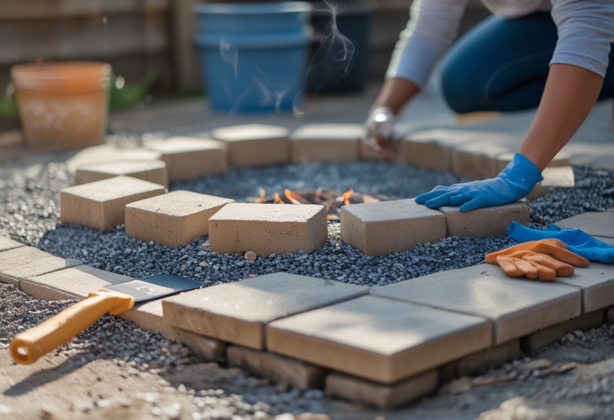 Backyard scene showing a gravel fire pit with a paver edge surrounded by gardening tools and a person's hands working on the project.