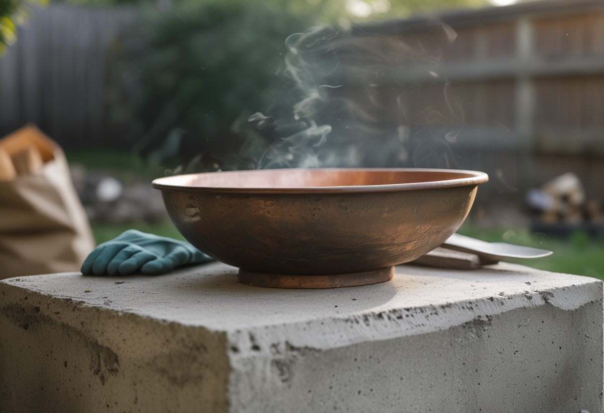 Copper fire bowl on a concrete pedestal in a backyard with gardening tools and firewood nearby.