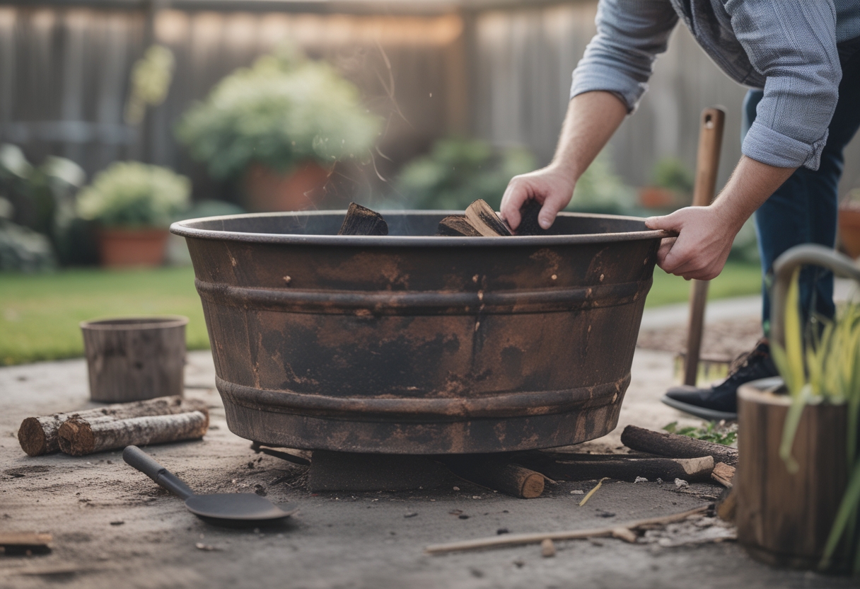 A backyard fire pit made from a cast-iron garden tub with gardening tools and hands adjusting logs nearby, surrounded by plants and grass.