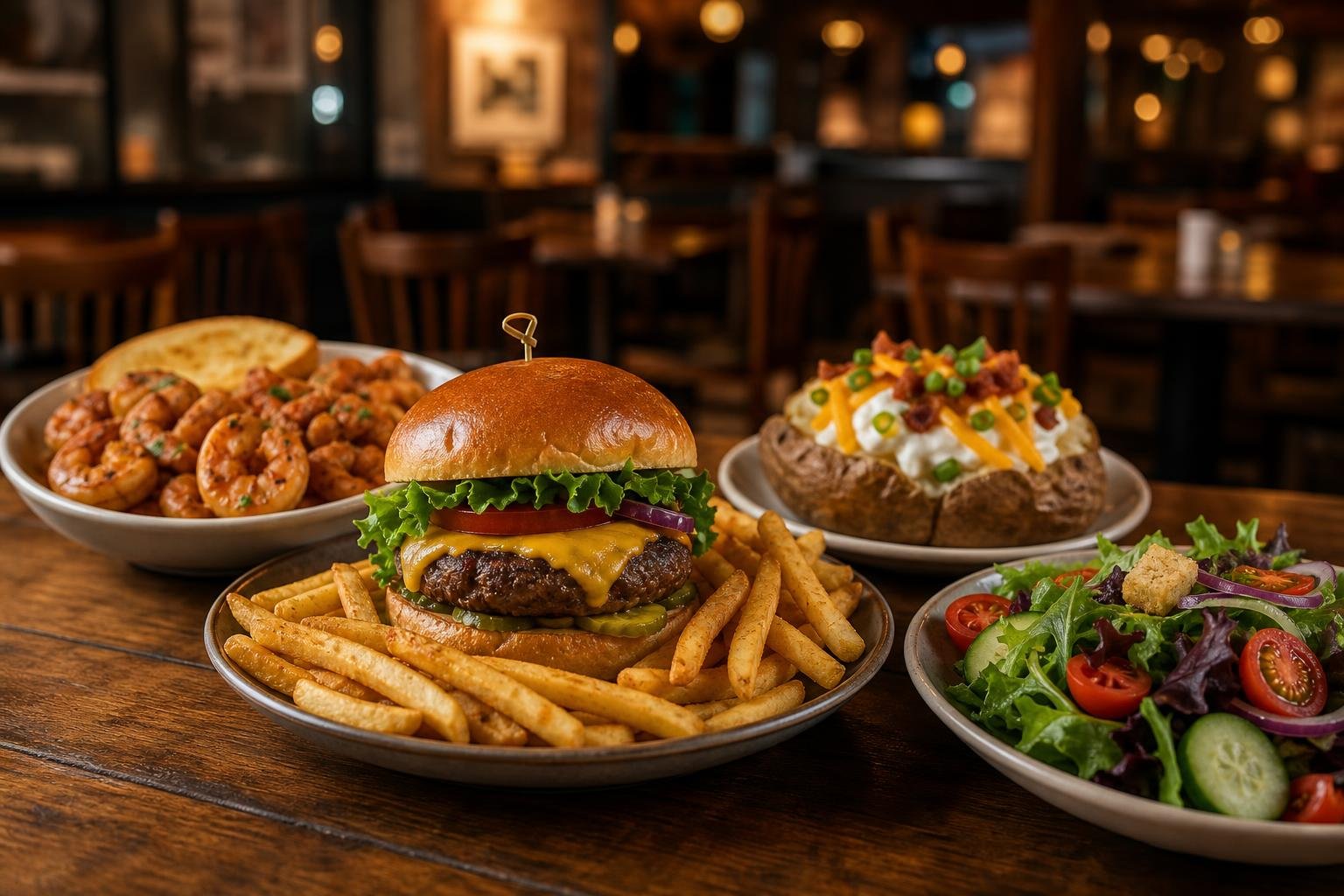 A spread of late-night dishes on a wooden table including a cheeseburger, fries, Cajun shrimp, baked potato, and a side salad in a cozy restaurant setting.