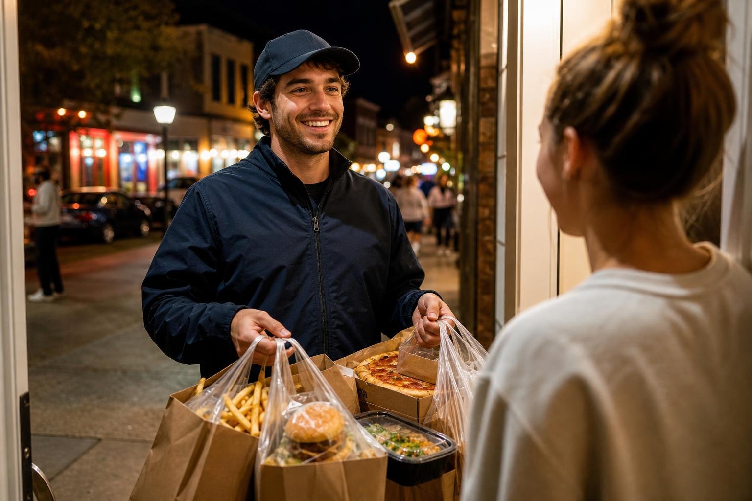 A delivery driver handing takeout food bags to a customer outside on a lively, warmly lit street at night.