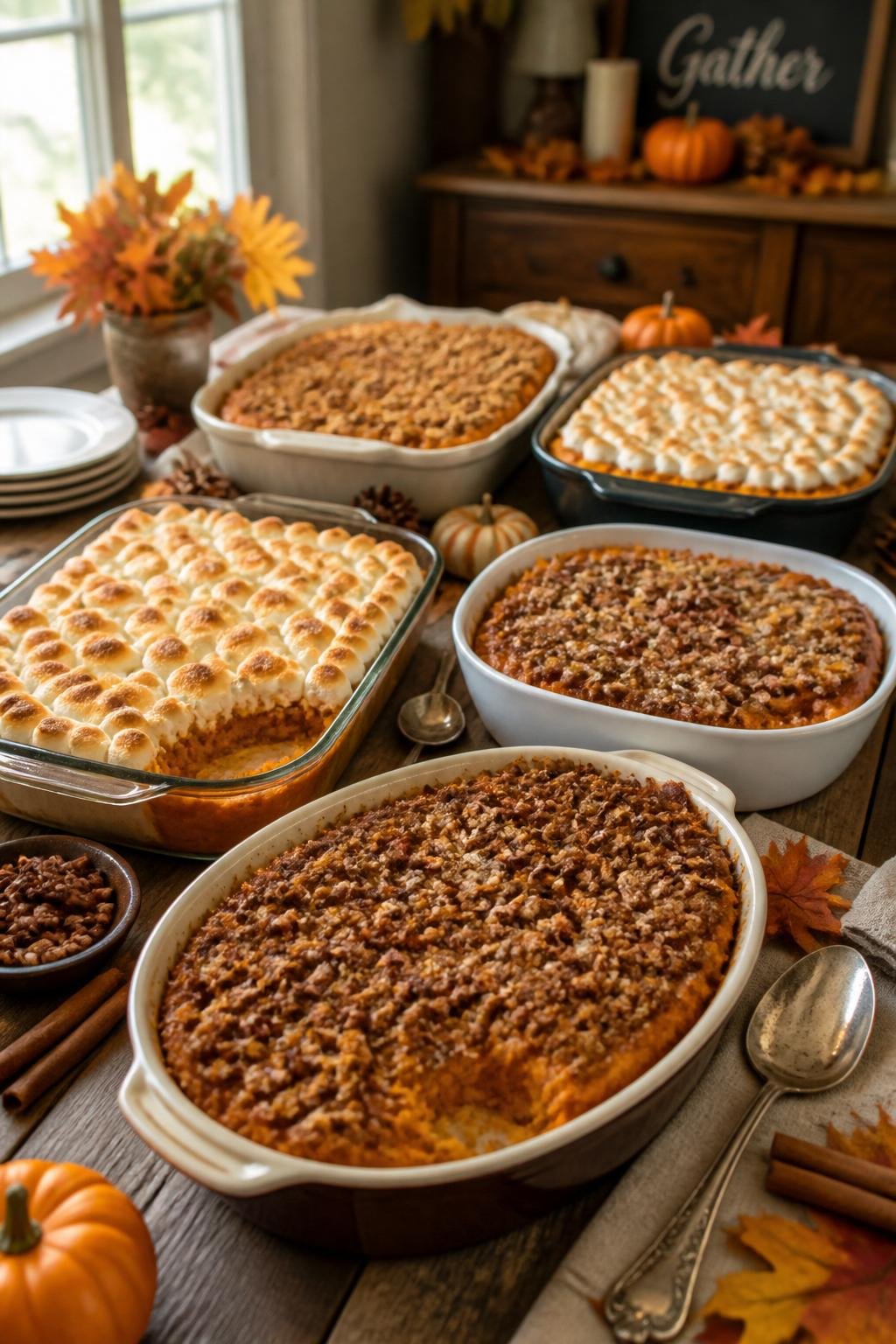 A table with multiple sweet potato casseroles topped with marshmallows and pecans, surrounded by autumn decorations.
