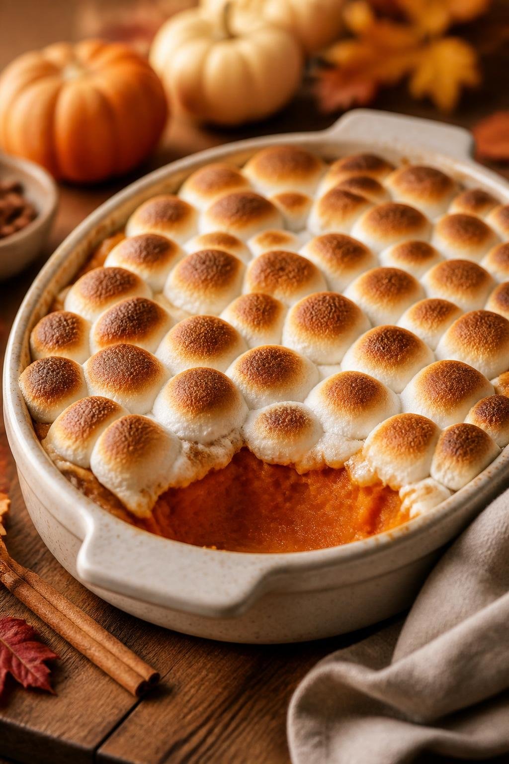 A sweet potato casserole topped with toasted marshmallows in a ceramic dish on a wooden table with autumn decorations around it.