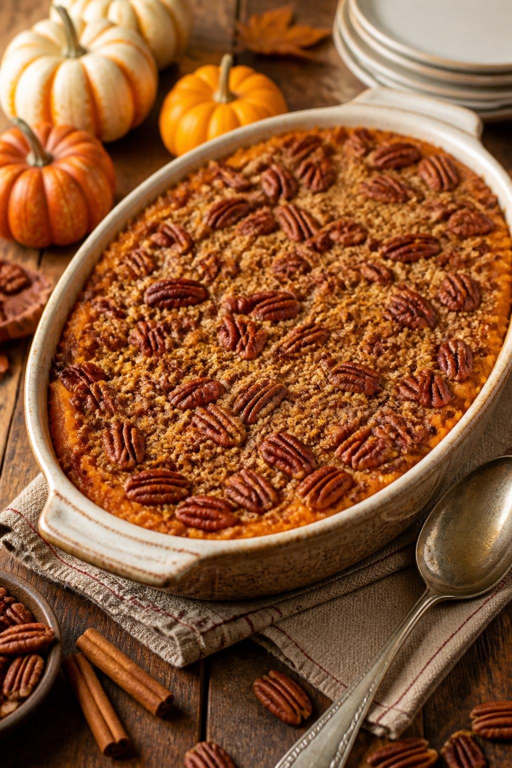 A brown sugar and pecan topped sweet potato casserole in a ceramic dish on a wooden table with autumn decorations around it.