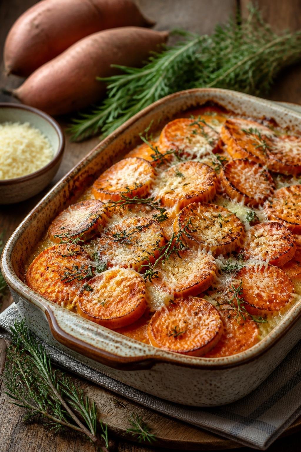 A baked sweet potato casserole topped with melted cheese and fresh herbs in a ceramic dish on a wooden table.