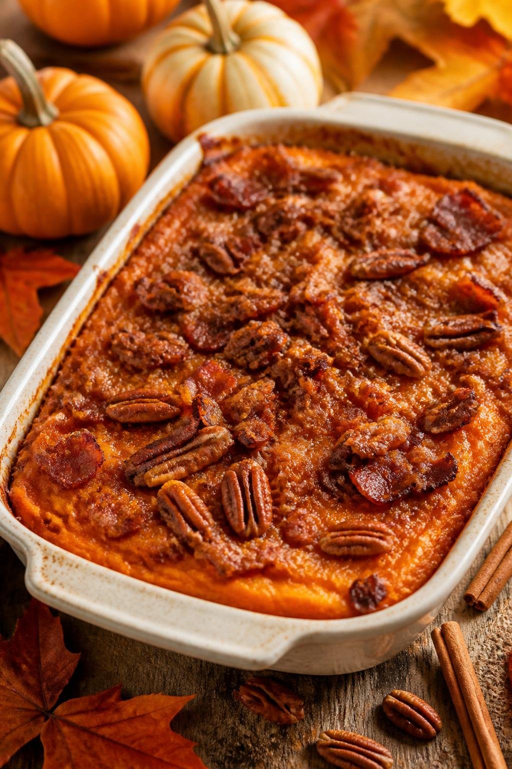 A large baking dish filled with maple-bacon sweet potato casserole on a wooden table with autumn decorations around it.