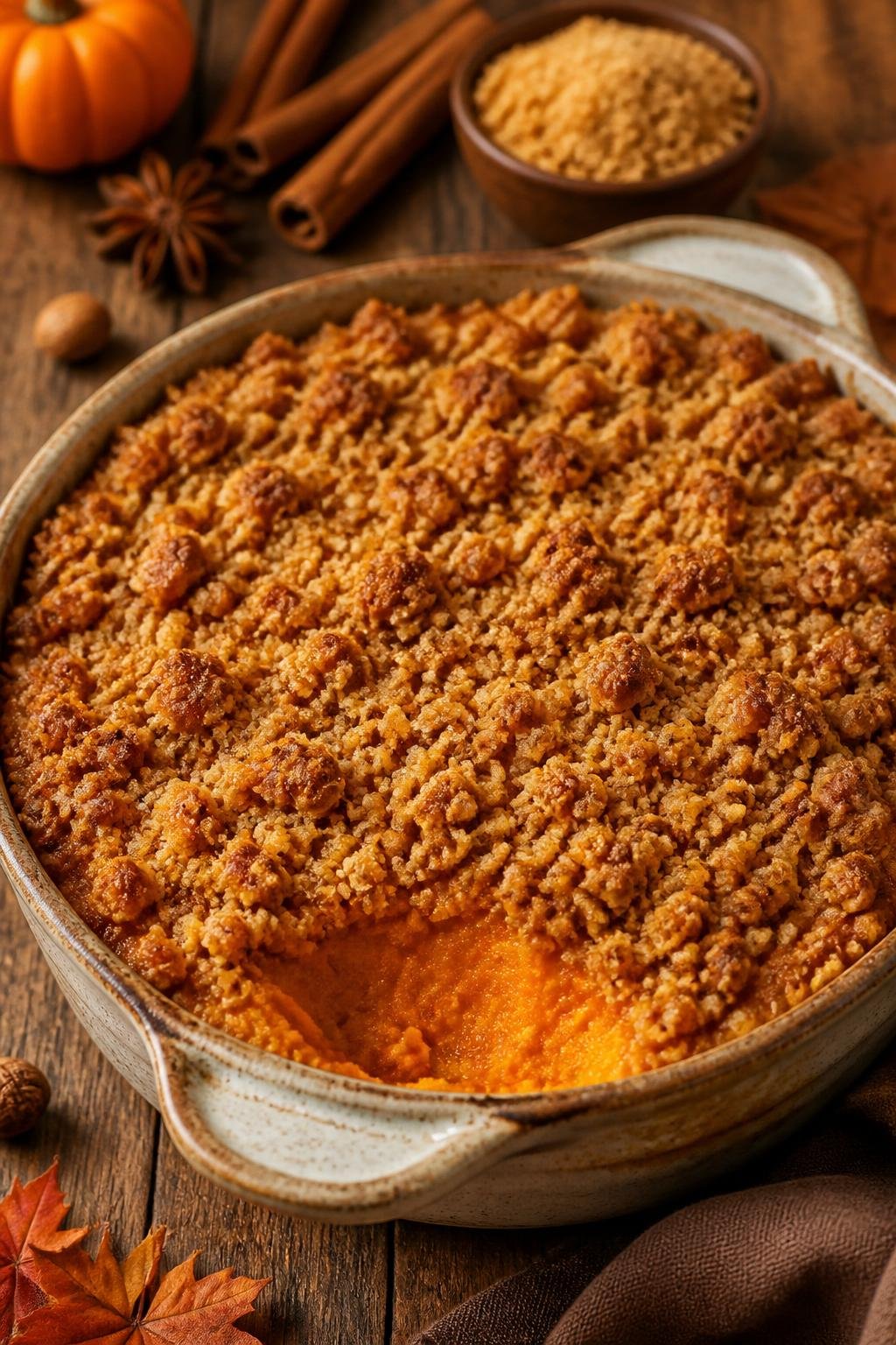 A baked sweet potato casserole with a golden streusel topping in a ceramic dish on a wooden table with autumn decorations.