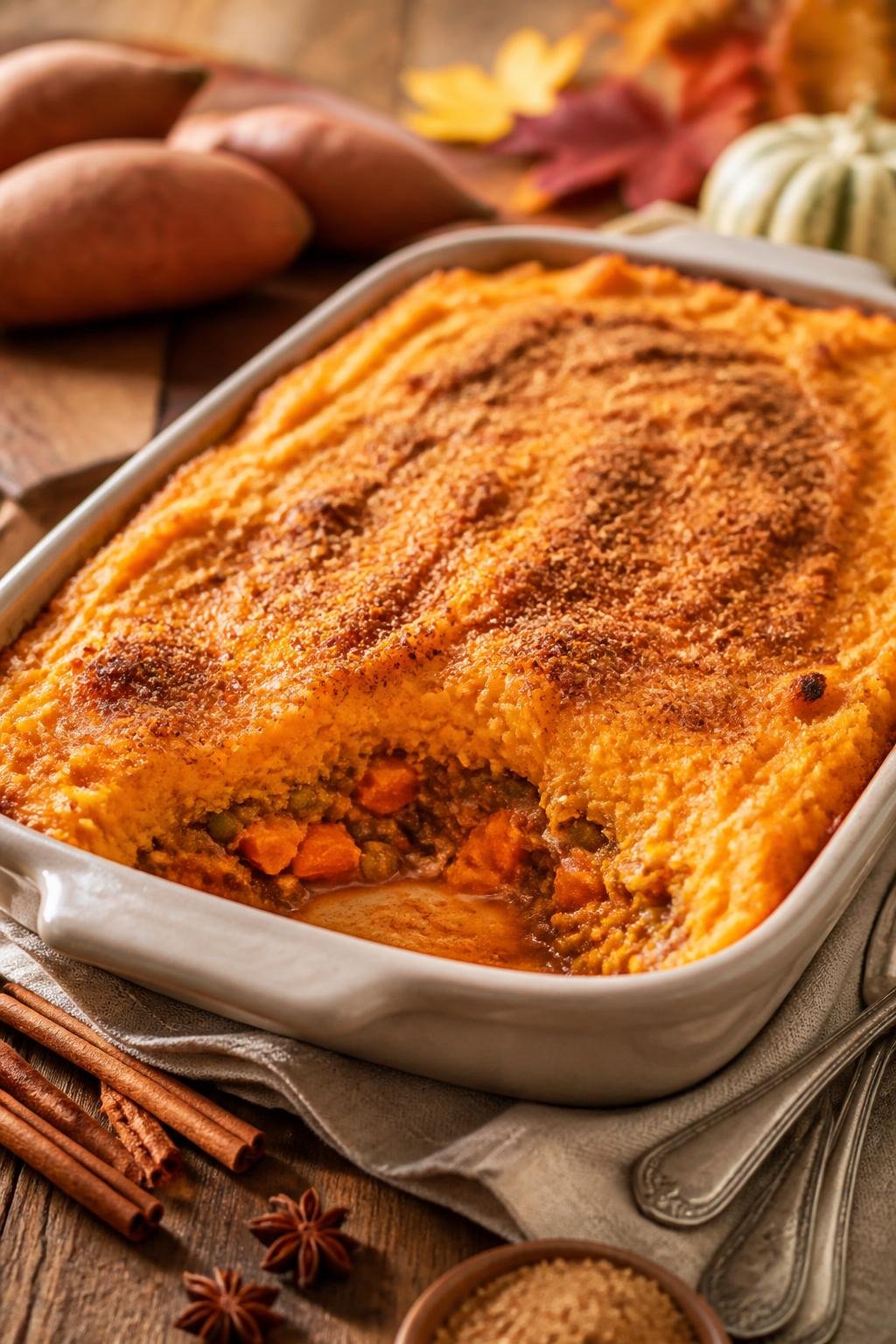 A freshly baked sweet potato shepherd's casserole in a ceramic dish on a wooden table with cinnamon sticks and sweet potatoes around it.