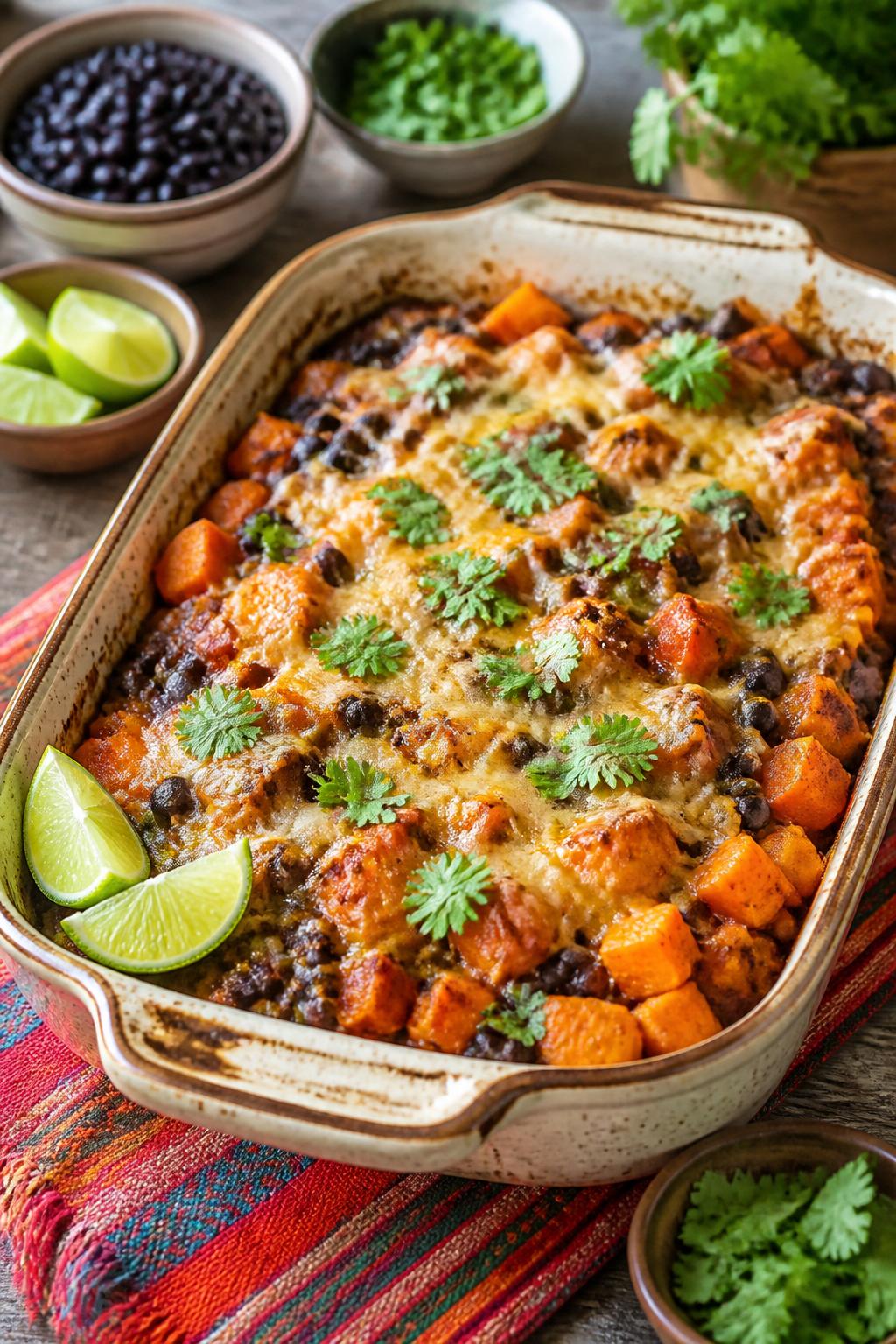 A baked sweet potato and black bean casserole garnished with cilantro and lime wedges on a wooden table with small bowls of ingredients nearby.