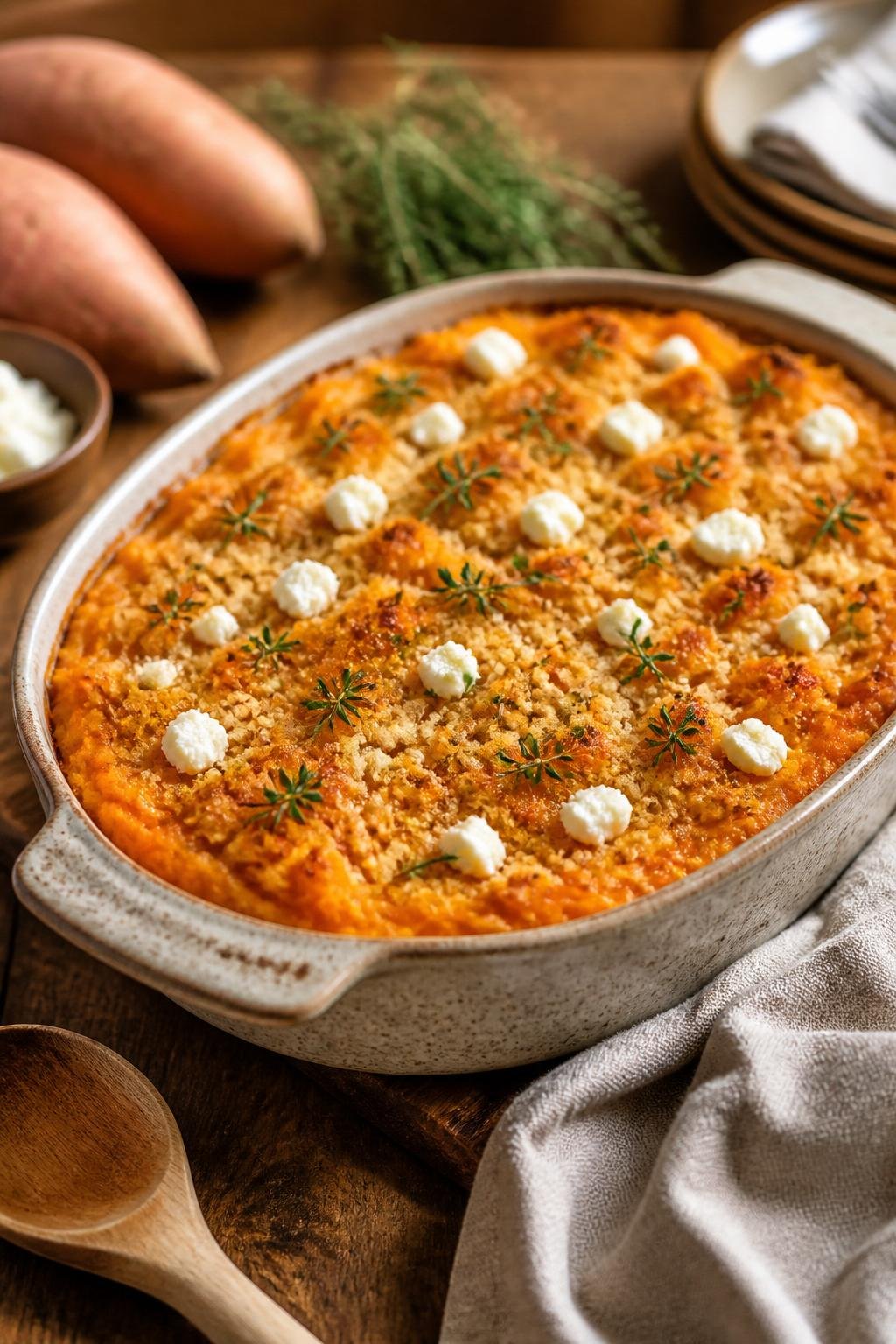 A sweet potato casserole topped with goat cheese and thyme in a ceramic dish on a wooden table with fresh thyme and whole sweet potatoes nearby.