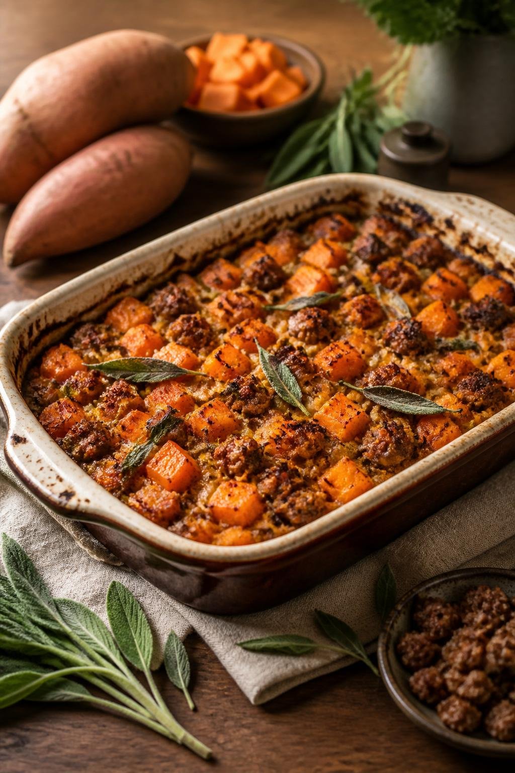 A freshly baked sweet potato, sausage, and sage casserole in a rustic baking dish on a wooden table.