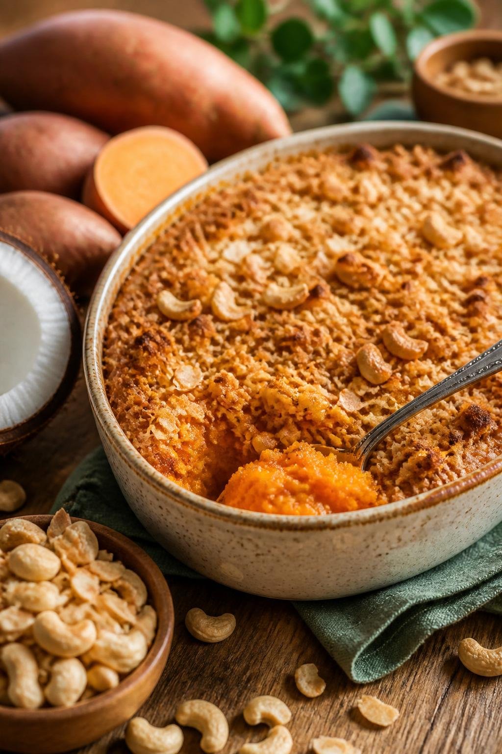 A golden-brown sweet potato casserole topped with cashews and coconut flakes in a ceramic dish on a wooden table with fresh sweet potatoes and cashews nearby.
