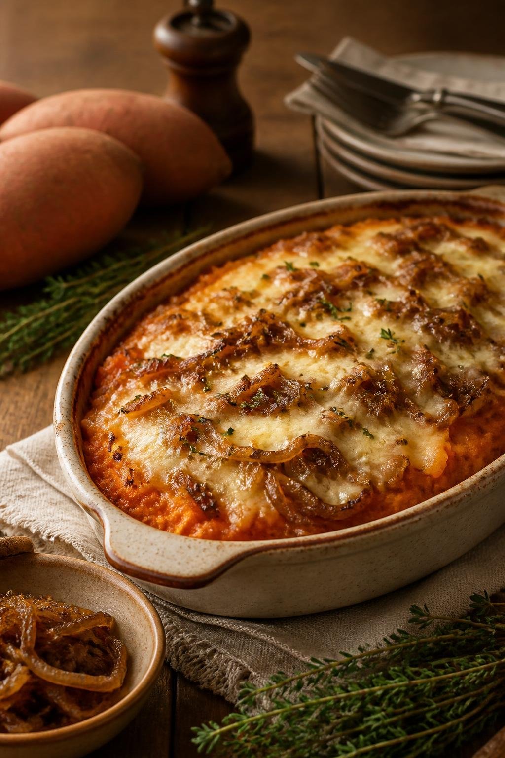 A baked sweet potato casserole topped with caramelized onions and melted cheese in a ceramic dish on a wooden table with fresh ingredients around it.