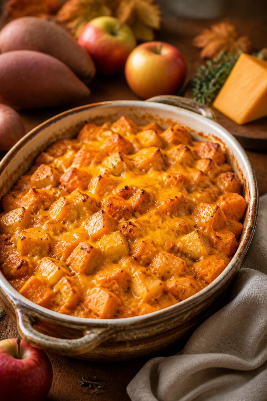 A baked sweet potato and apple cheddar casserole in a ceramic dish on a wooden table with apples and cheese nearby.