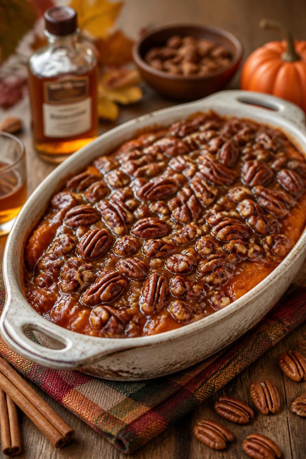 A baked sweet potato casserole topped with glazed pecans in a ceramic dish on a wooden table with autumn decorations.
