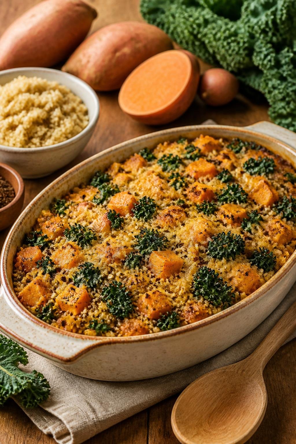 A baked casserole dish filled with sweet potato, quinoa, and kale on a wooden table with fresh ingredients around it.