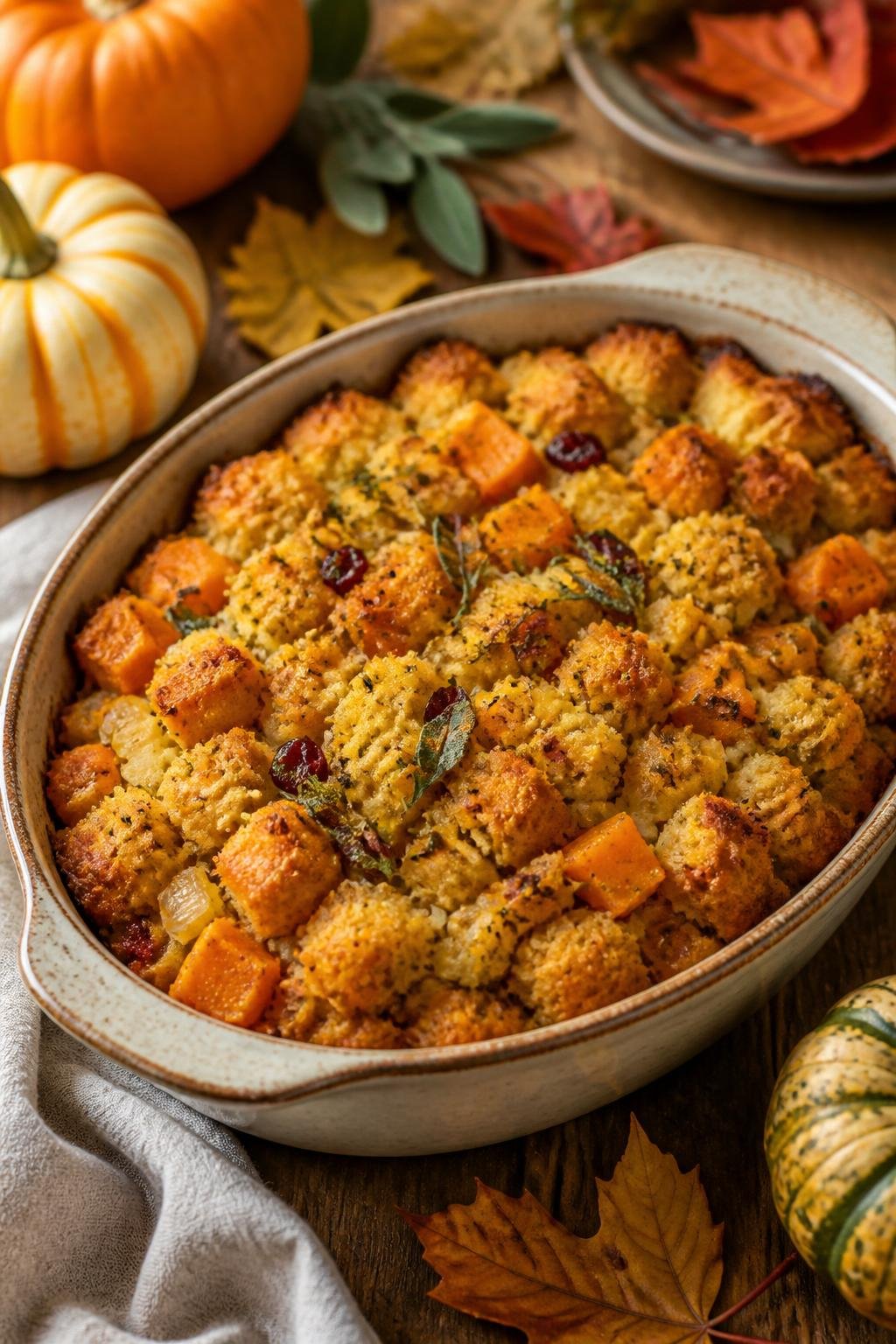 A baked sweet potato and cornbread stuffing casserole in a ceramic dish on a wooden table with autumn decorations around it.