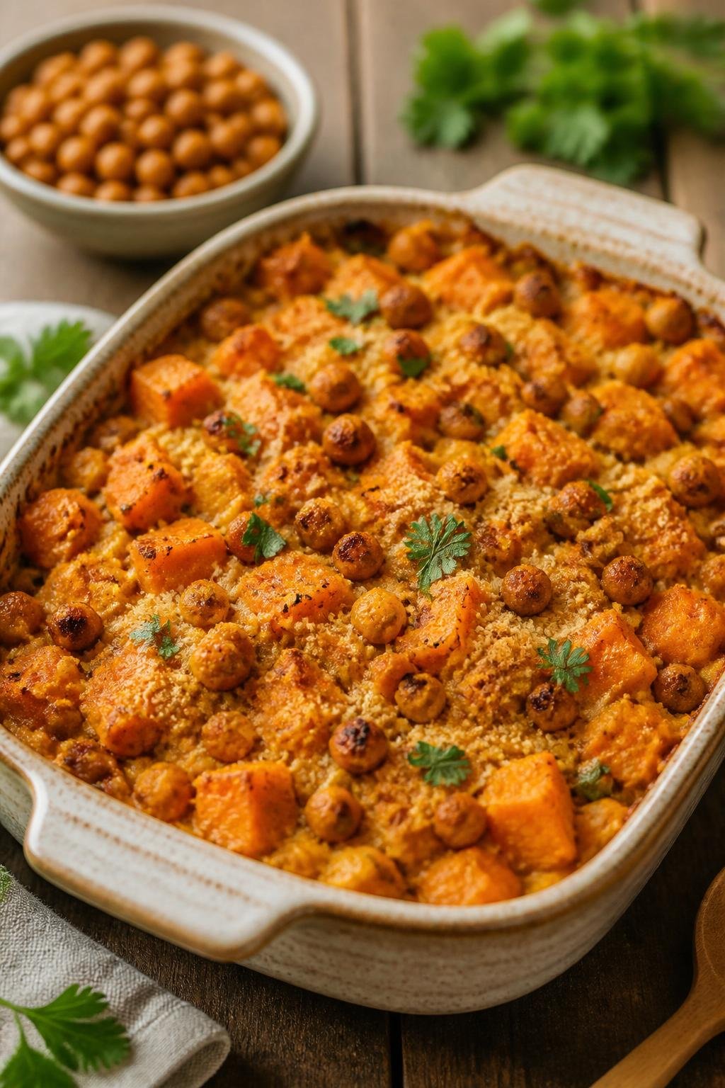 A baked sweet potato casserole topped with crispy chickpeas in a ceramic dish on a wooden table.