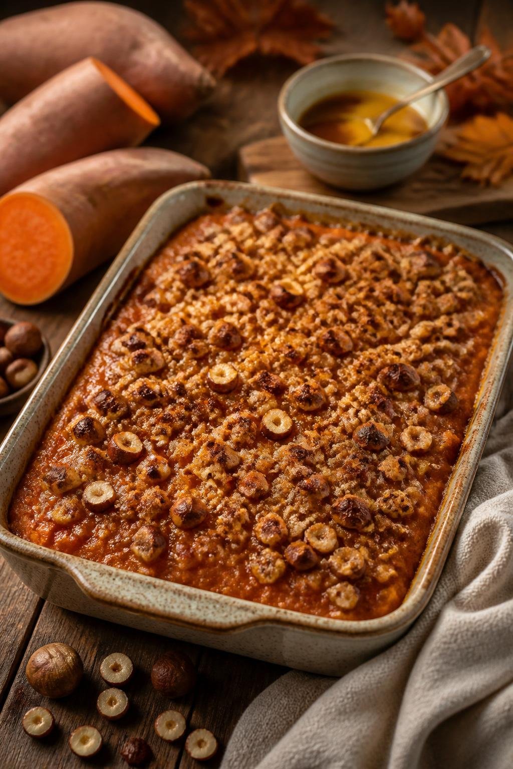 A baked sweet potato casserole topped with brown butter and toasted hazelnuts on a wooden table with autumn ingredients around it.