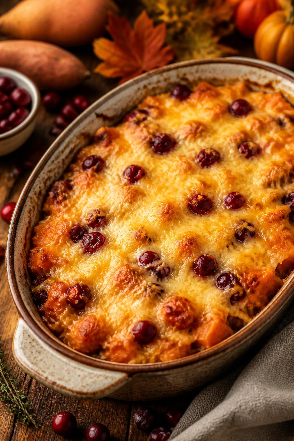 A baked sweet potato and cranberry cheesy casserole in a ceramic dish on a wooden table with autumn decorations.
