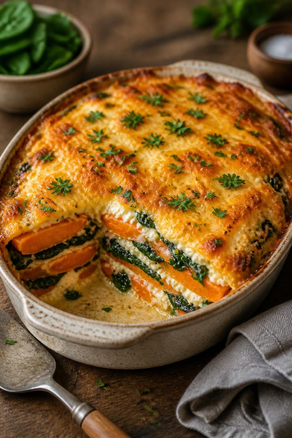 A baked sweet potato lasagna casserole with spinach in a ceramic dish on a wooden table.