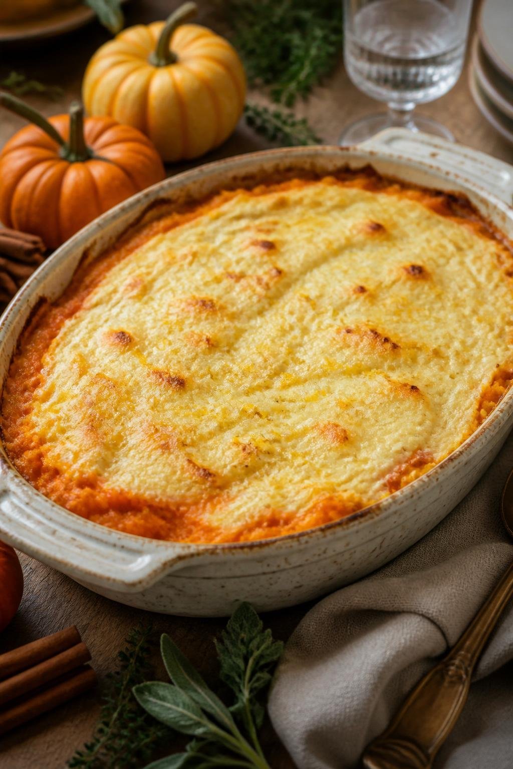 A baking dish filled with sweet potato casserole topped with a creamy lemon-ricotta layer on a wooden table with autumn decorations around it.
