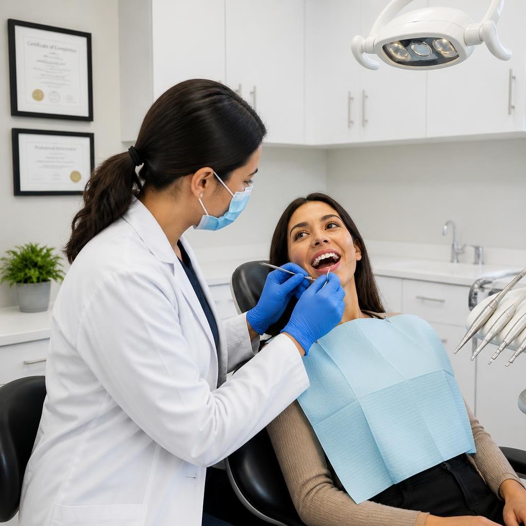 Dentist examining a patient in a bright dental clinic with dental equipment visible in the background.