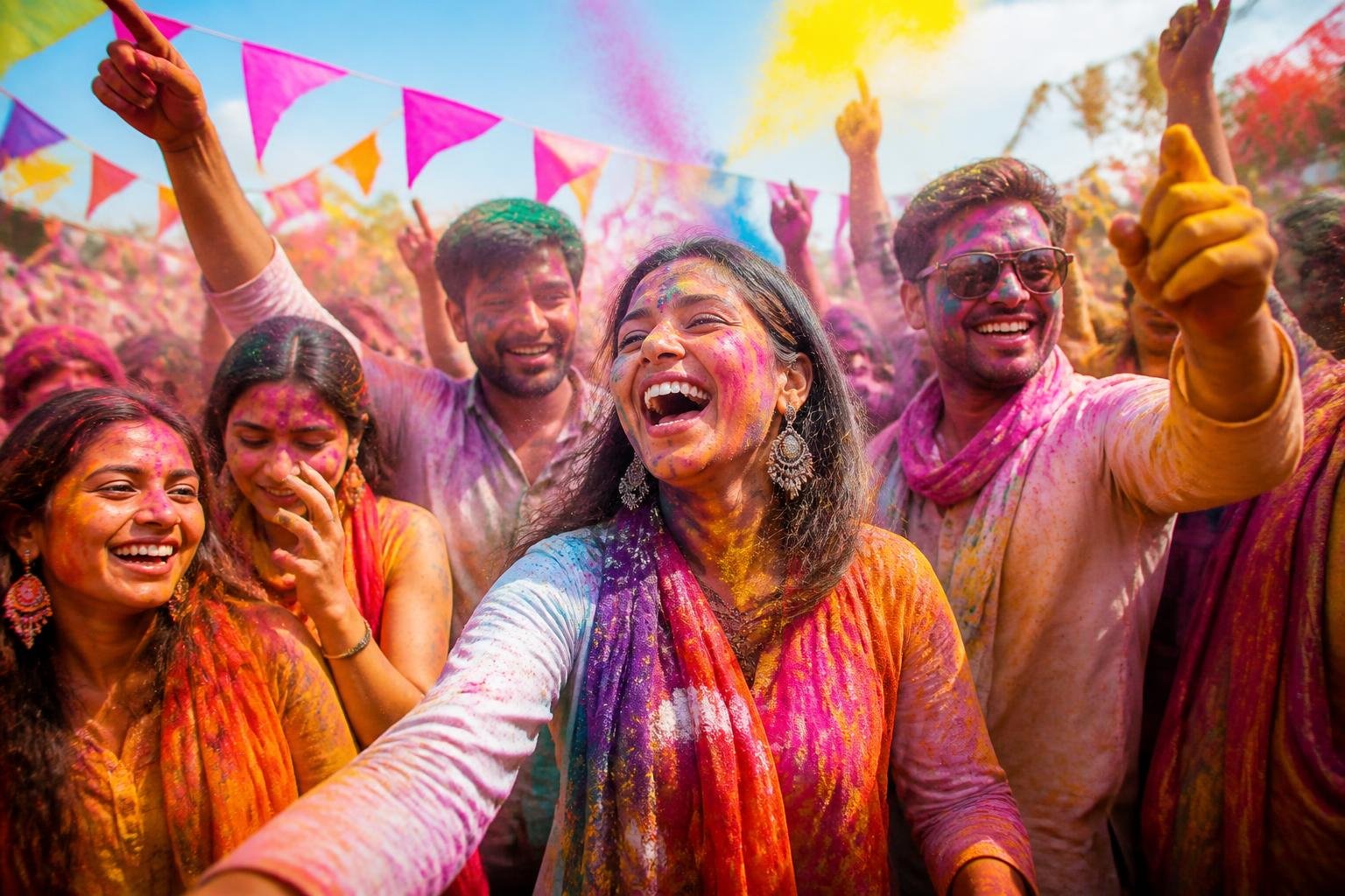 Menschen feiern das Holi-Festival, werfen bunte Farben in die Luft und lachen zusammen draußen.