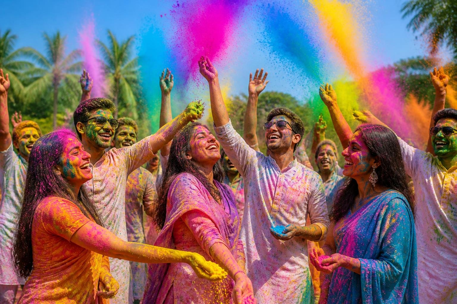 Menschen feiern das Holi-Festival im Freien, werfen bunte Pulverfarben in die Luft und lachen fröhlich.