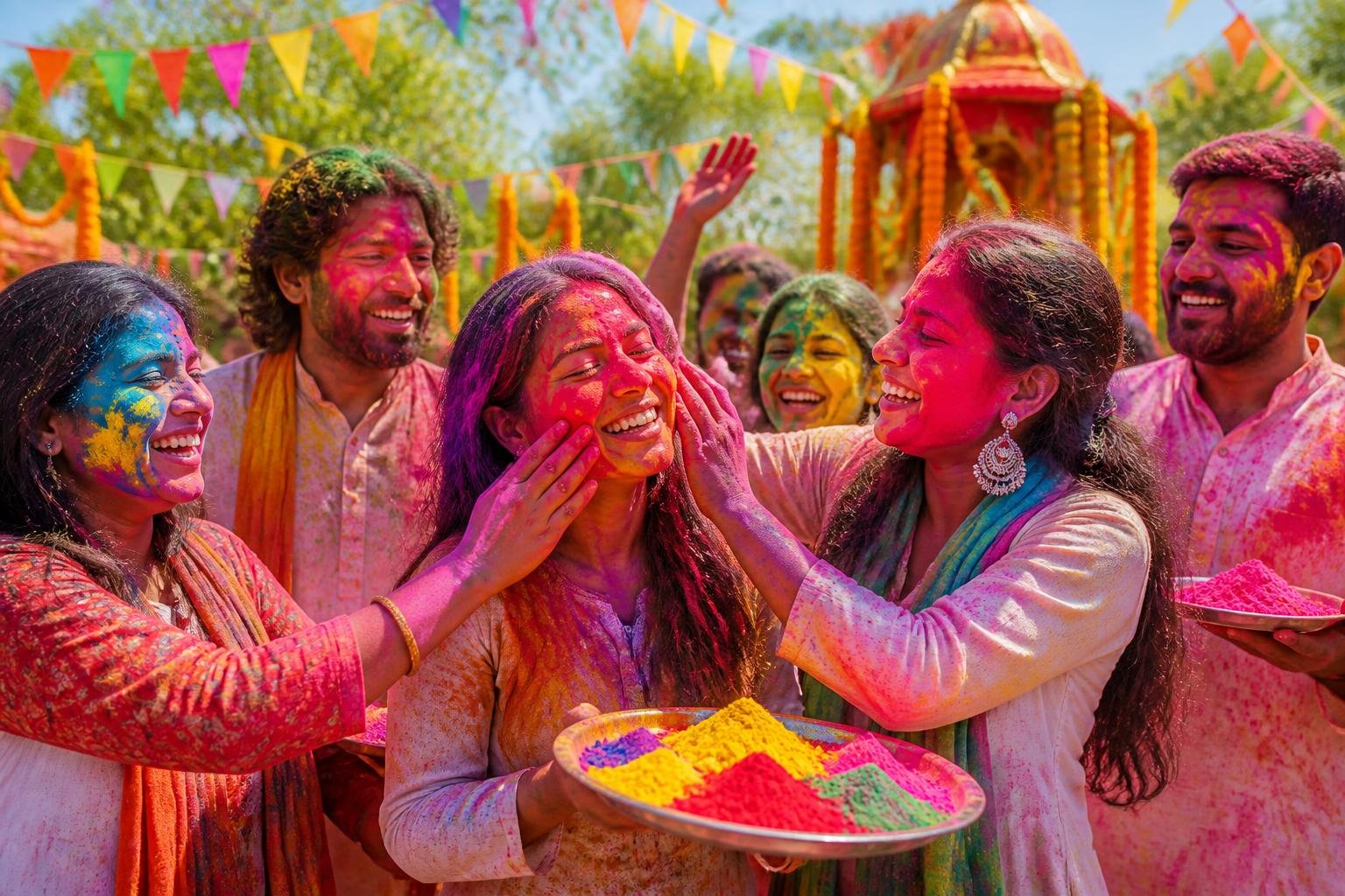 Menschen feiern fröhlich das Holi-Fest im Freien, bedeckt mit buntem Pulver und umgeben von traditionellen Dekorationen.