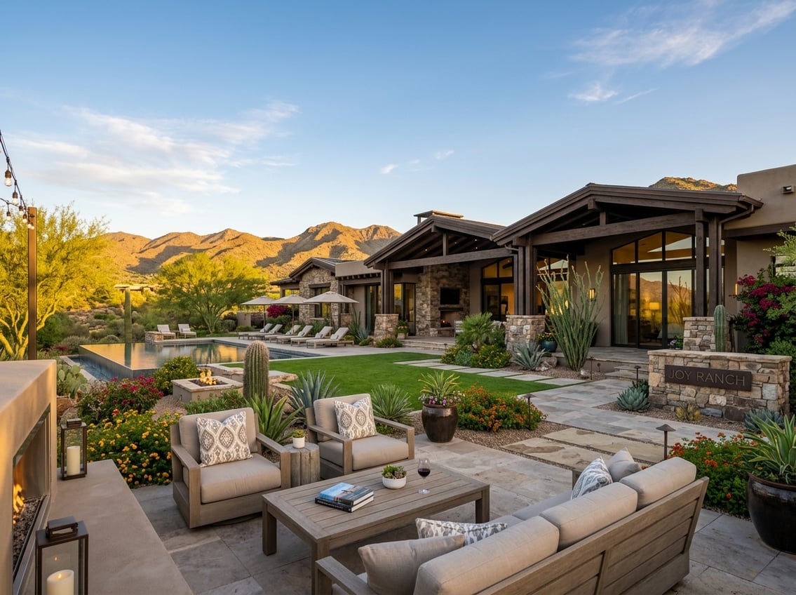 A luxurious ranch estate in Scottsdale with desert landscaping, a modern home, outdoor seating, and mountains in the background under a clear sky.