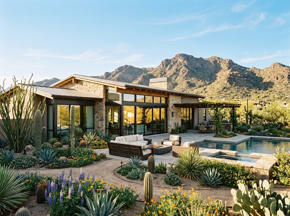A modern ranch-style home surrounded by desert plants and mountains under a clear blue sky.