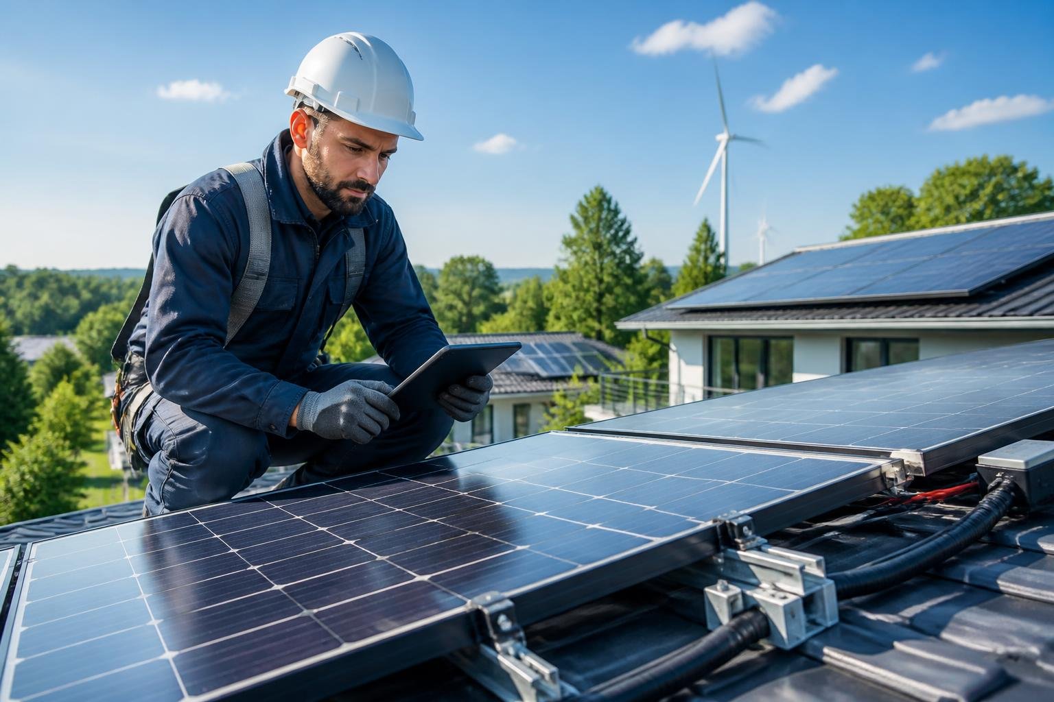 Techniker überprüft und modernisiert Solarpanels auf einem Wohnhausdach bei klarem Himmel.