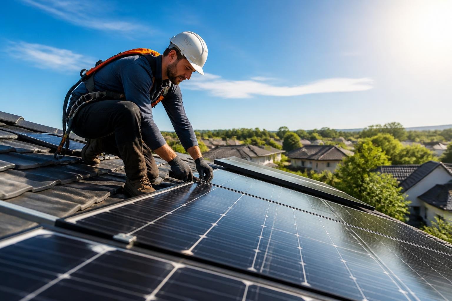 Techniker installiert Solarpanels auf einem Hausdach bei sonnigem Wetter.