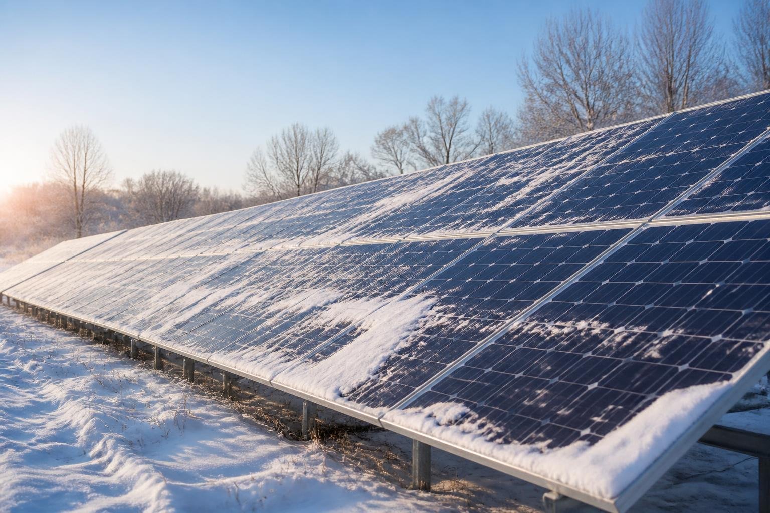 Solaranlagen mit leichter Schneebedeckung an einem klaren Wintermorgen vor winterlicher Landschaft.