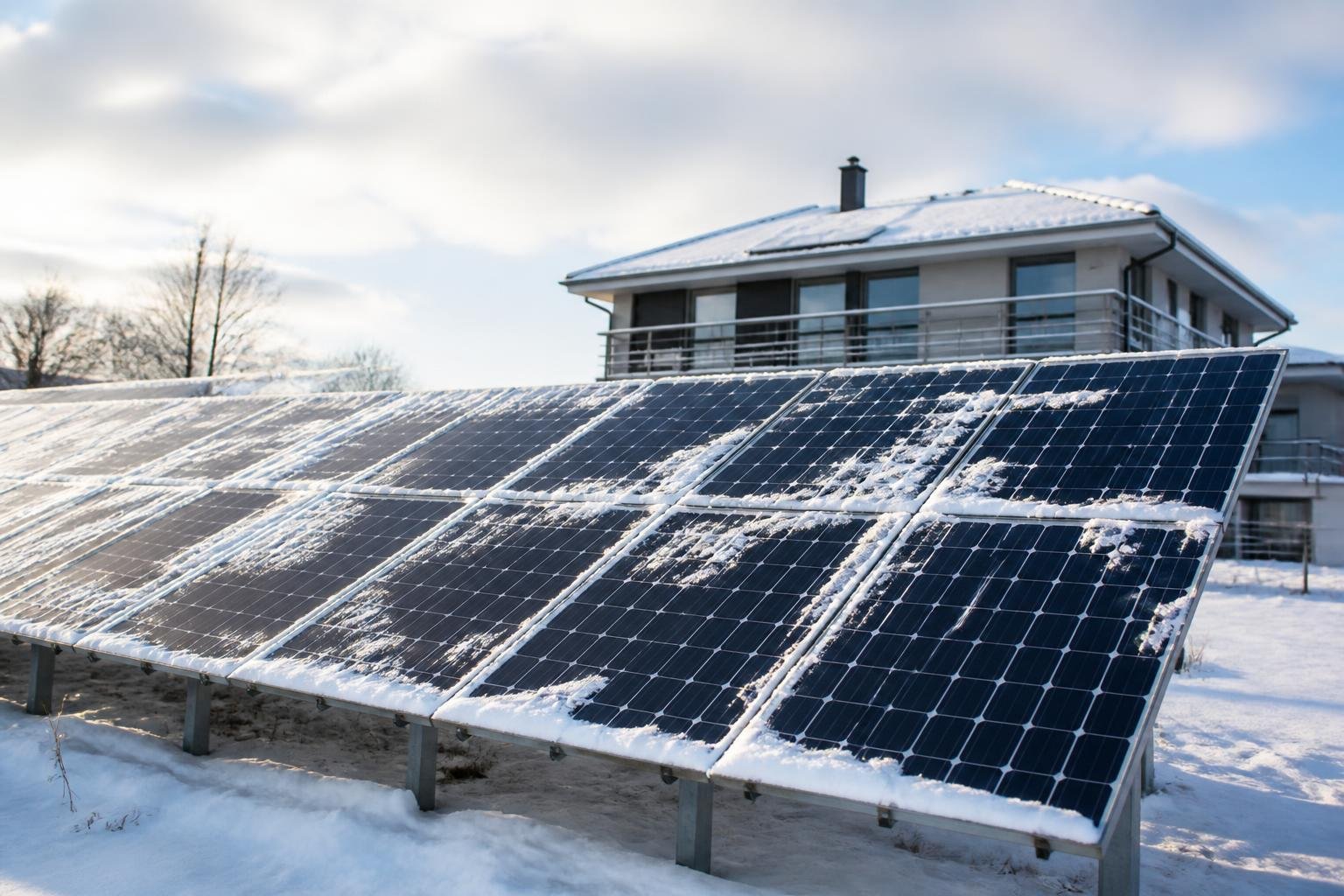 Solaranlage mit leicht verschneiten Modulen an einem kalten Wintertag vor einem Wohnhaus.